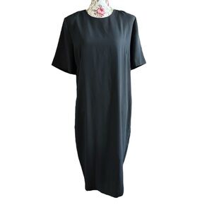 Vintage black short sleeve long dress with shoulder pads rear zipper closure